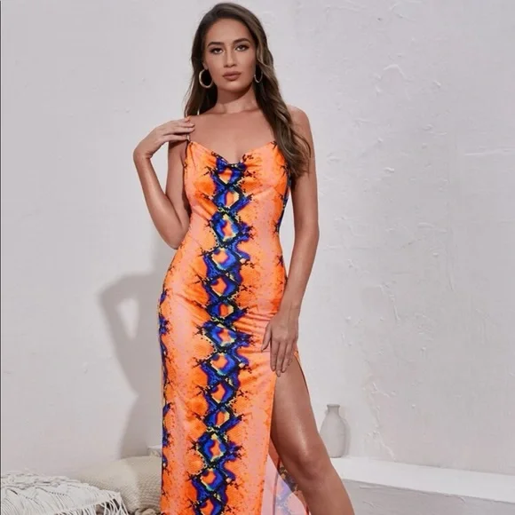 orange snakeskin dress h:ours Kailani Mini Dress in Hot Orange Snakeskin